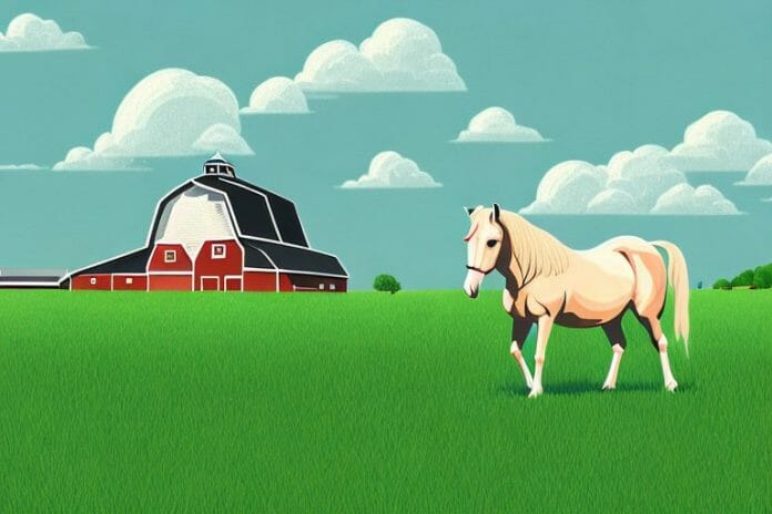 A horse in a grassy field with a barn in the background