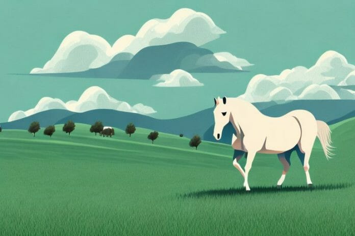 A horse in a pasture with rolling hills in the background