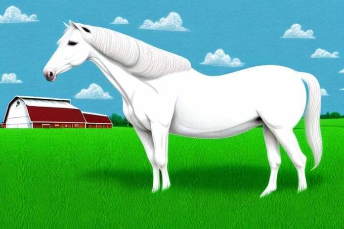A white quarter horse standing in a grassy field with a barn in the background