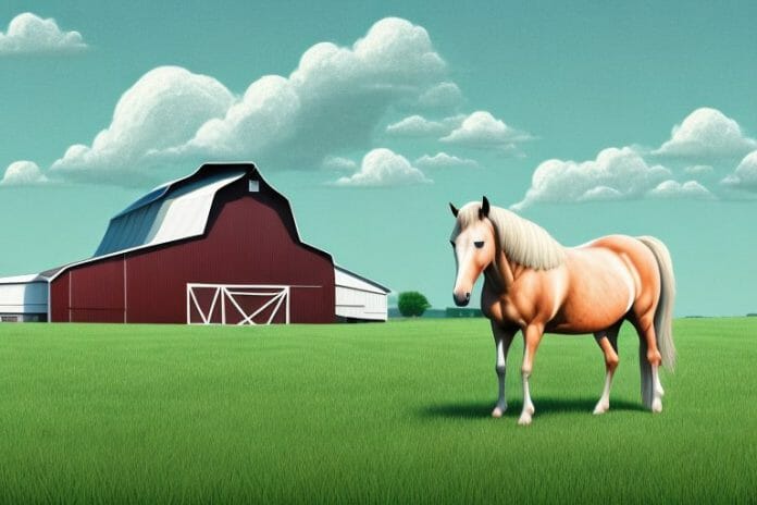 A horse in a paddock with a barn in the background