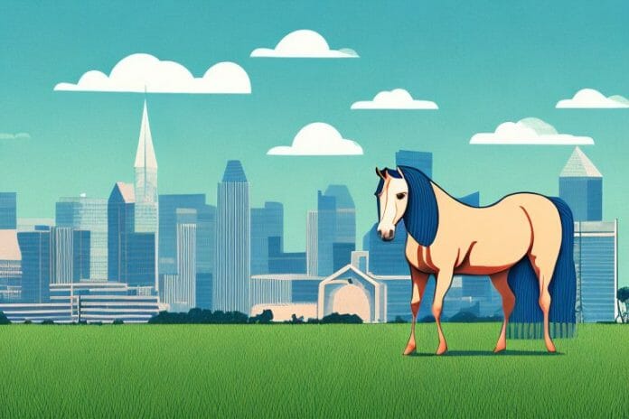 A horse in a field with a pretoria skyline in the background