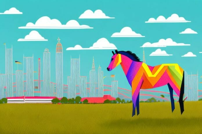 A horse in an open field with a soweto skyline in the background