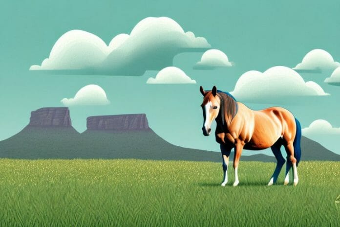 A horse standing in a field with a backdrop of the south african landscape