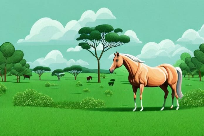 A horse in a paddock surrounded by a lush