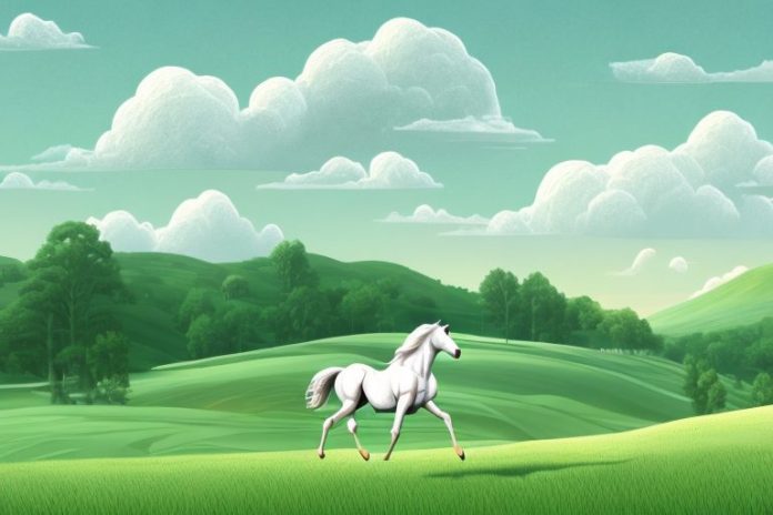 A horse and rider in a rural landscape
