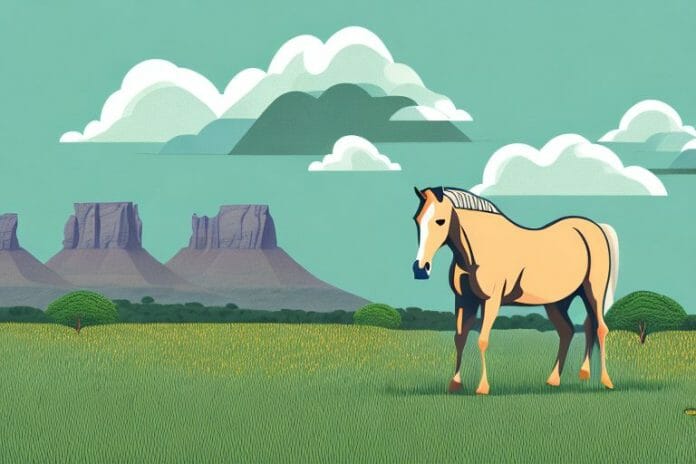 A horse in a field with a backdrop of the south african landscape