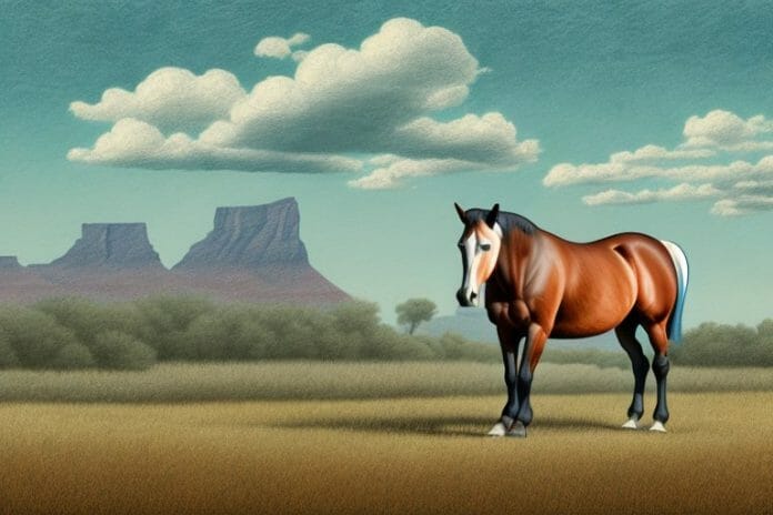 An american quarter horse in a rural south african landscape