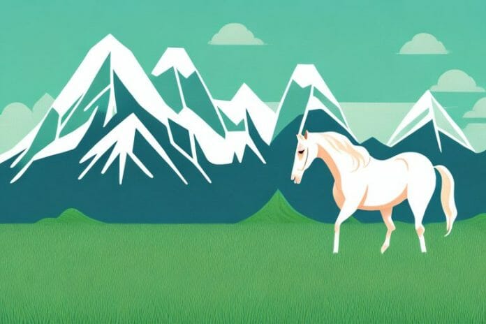 A horse in a grassy field with a mountain range in the background