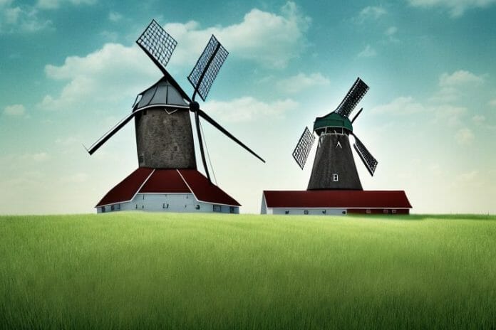 A horse in a field with a barn and a windmill in the background