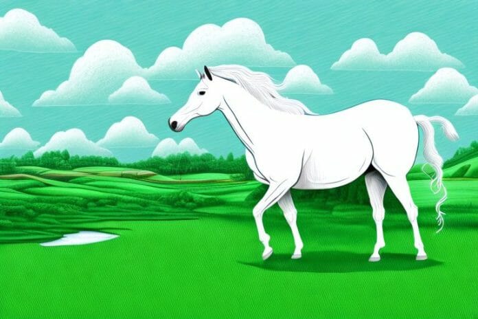 A white horse in a green meadow with a river in the background