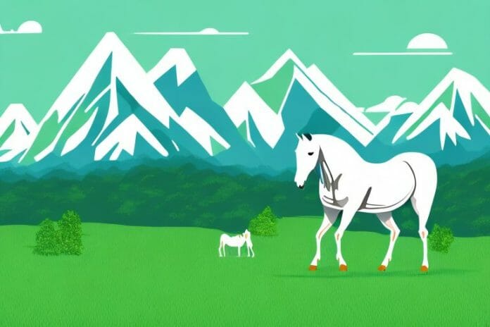 A horse in a green pasture with a mountain range in the background