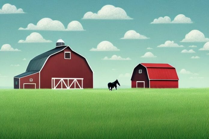 A horse in a field with a barn in the background