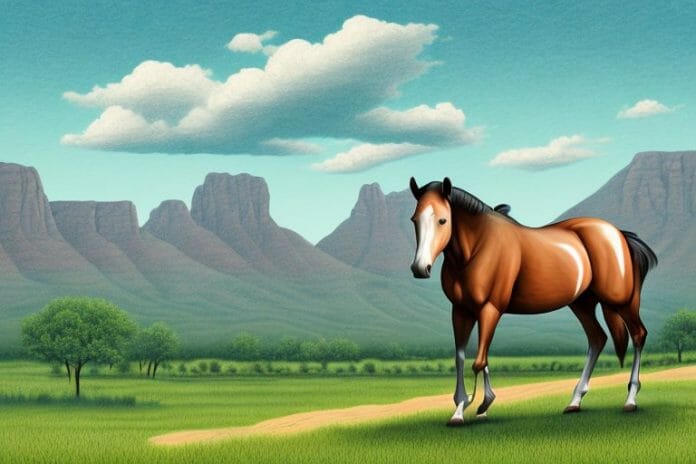 An american quarter horse in a scenic landscape of hartbeespoort