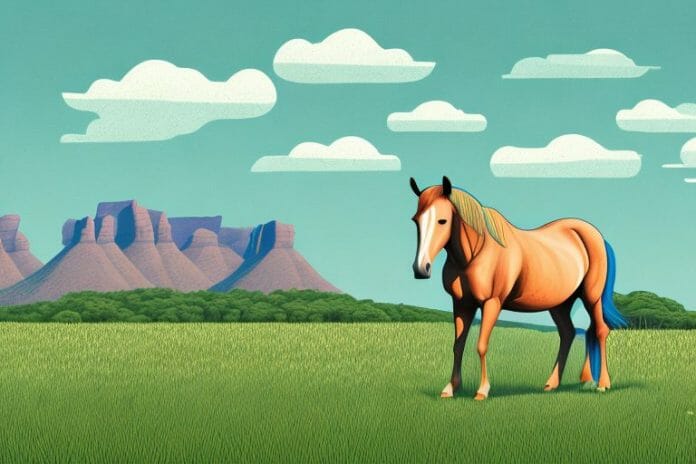 A horse in a field with a south african landscape in the background