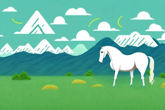 A horse in a grassy field with a backdrop of mountains and the ocean