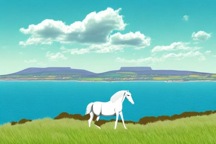 A horse in a field with a view of the mossel bay coastline in the background
