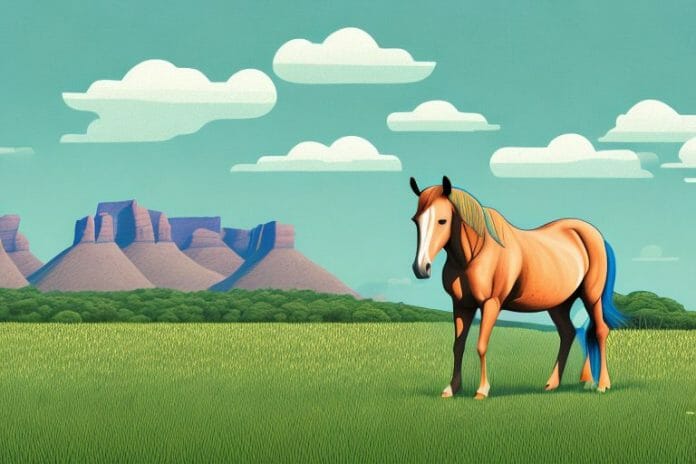 A horse in a field with a south african landscape in the background