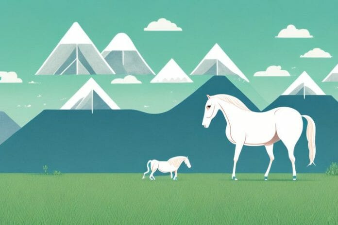 A horse in a field with a backdrop of mountains and the sea