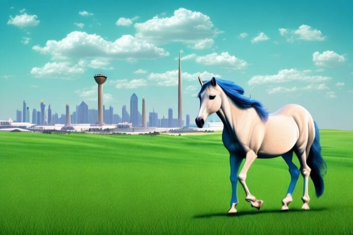 An arabian horse in a grassy field with a backdrop of the amanzimtoti skyline
