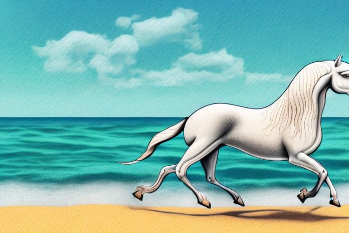 A cob horse galloping along the beach in simon's town