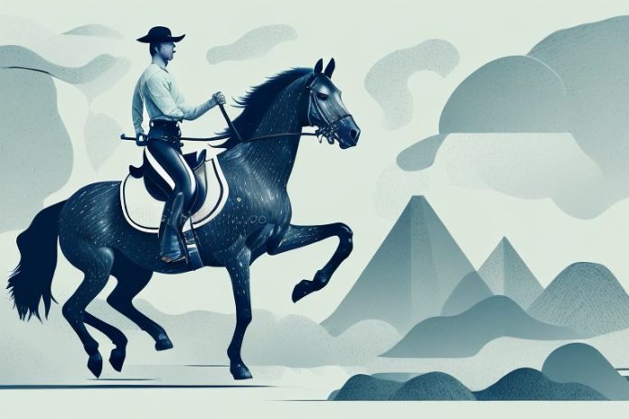 A horse and rider galloping through a scenic durban landscape