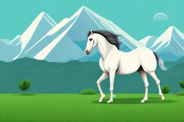 An arabian horse standing in a grassy field with a mountain range in the background