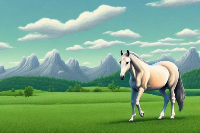A horse in a paddock with the ladysmith landscape in the background