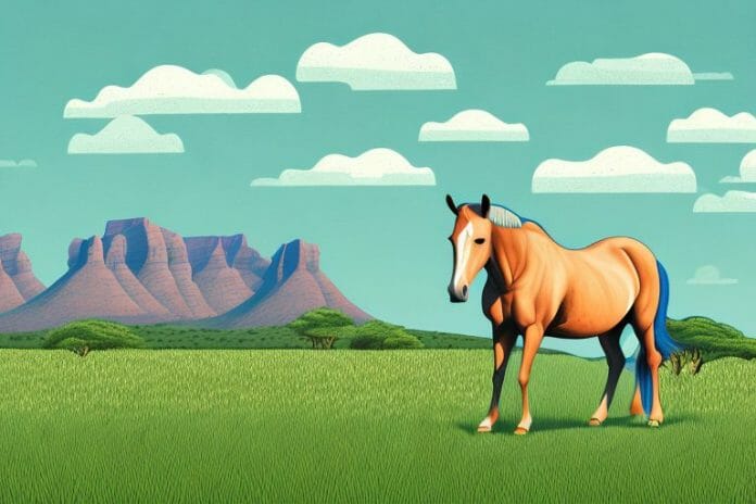 A horse in a field with a south african landscape in the background