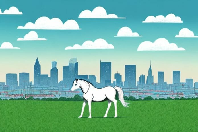 A horse in a field with a view of the east london skyline in the background