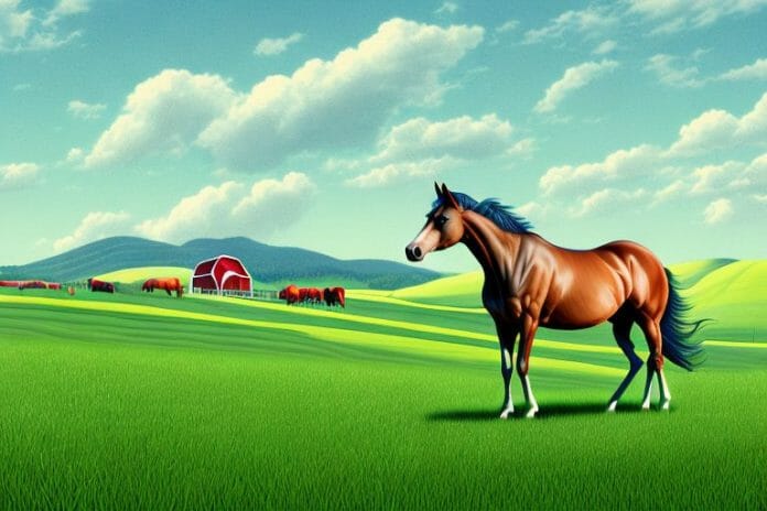 A thoroughbred horse in a rural landscape with rolling hills and a farm in the background