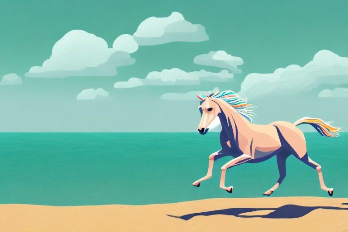 A hackney horse galloping through a beach landscape
