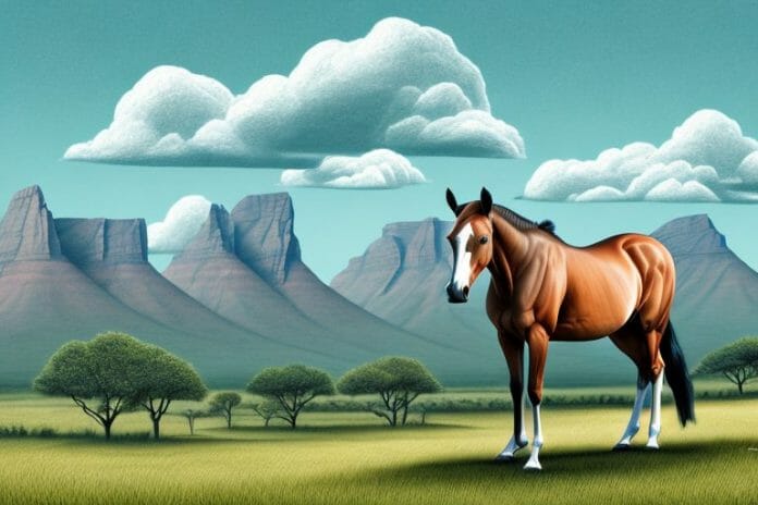 A thoroughbred horse in a stable with a south african landscape in the background