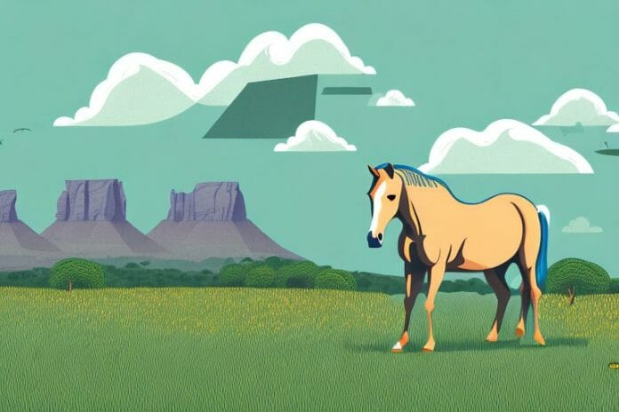 A horse in a field with a backdrop of the south african landscape