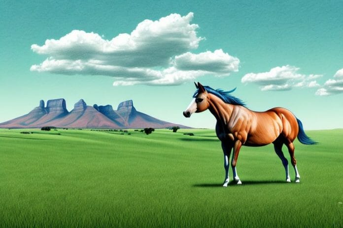 A thoroughbred horse in a field with a south african landscape in the background