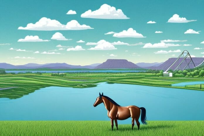 A horse in a field with the hartbeespoort dam in the background