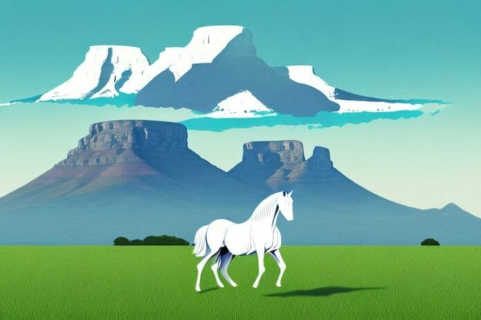 A horse in a field with a view of table mountain in the background