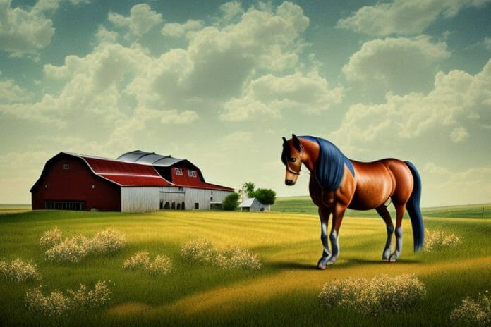 A morgan horse in a rural landscape with a barn and fields in the background