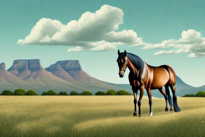 A morgan horse in a field with a backdrop of the south african landscape
