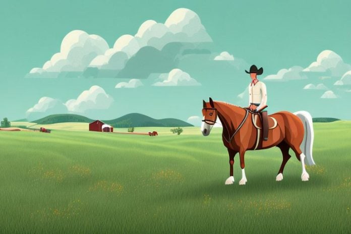 A horse and rider in a rural setting