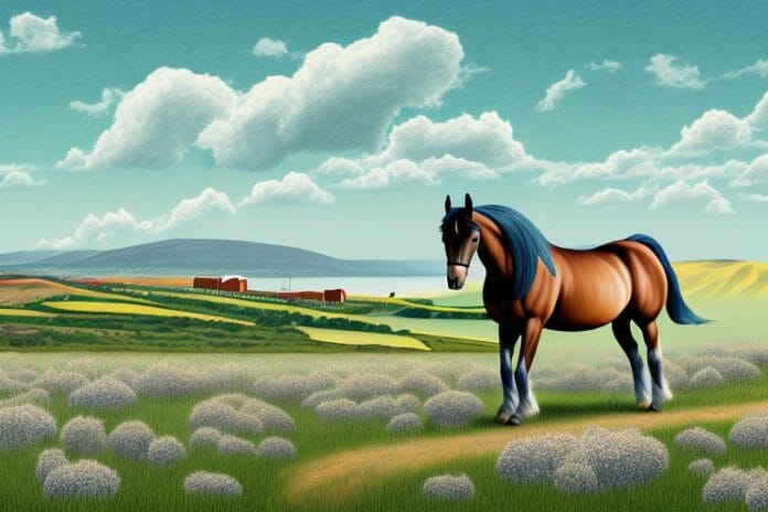 A morgan horse in a field with the mossel bay landscape in the background