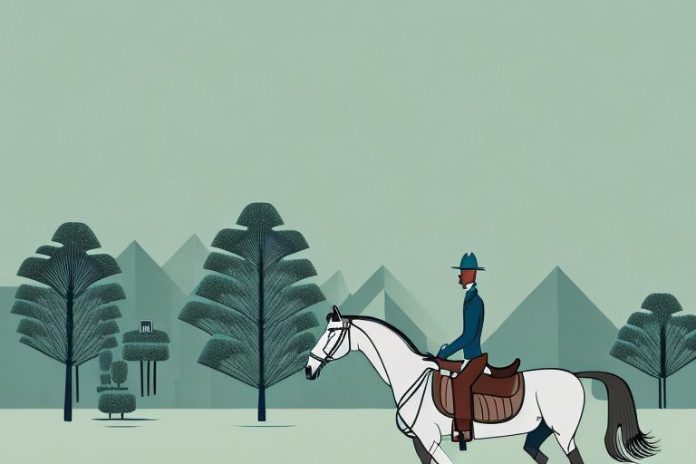 A horse and rider in a pinetown landscape