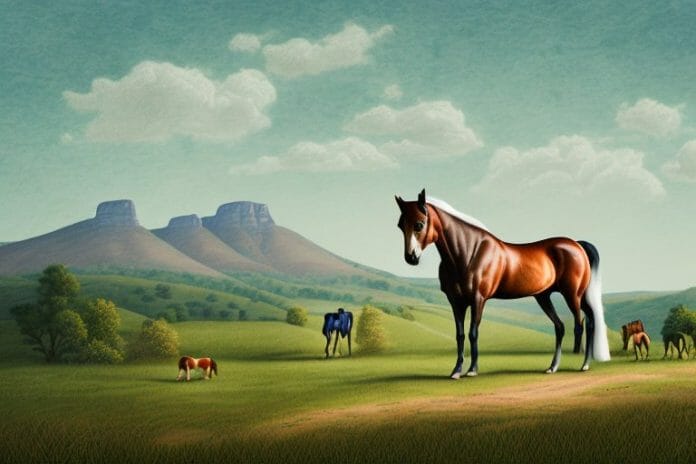 A kentucky mountain saddle horse in a rural landscape in east london