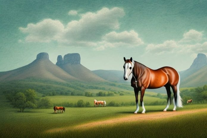 A kentucky mountain saddle horse in a rural landscape in mthatha