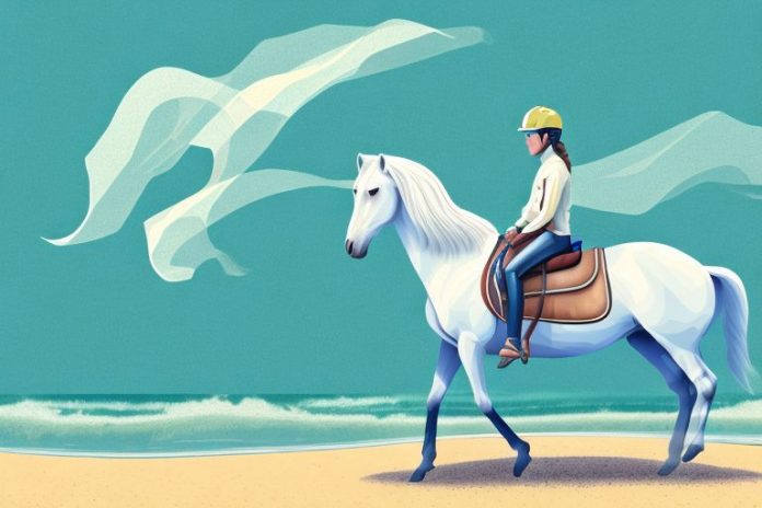 A horse and rider in a beach setting