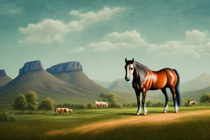 A kentucky mountain saddle horse in a rural landscape in south africa