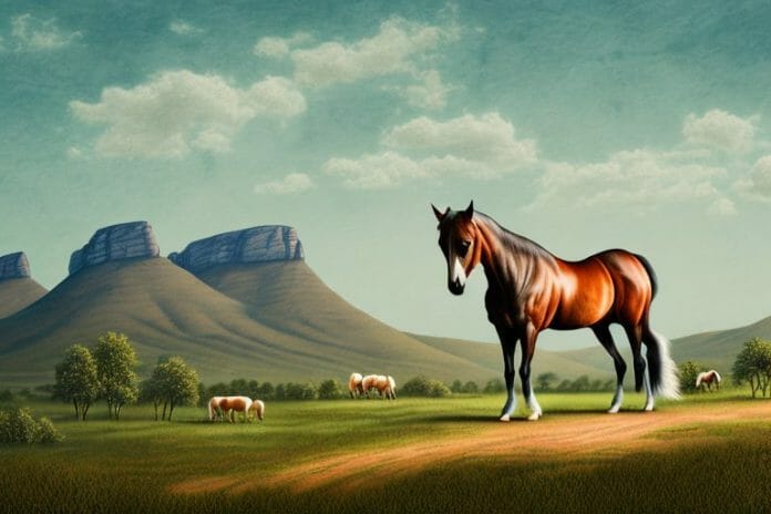 A kentucky mountain saddle horse in a rural landscape in south africa