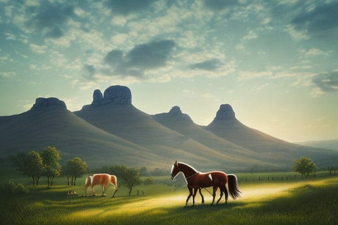 A kentucky mountain saddle horse in a rural landscape in white river