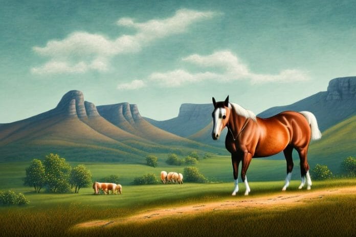 A kentucky mountain saddle horse in a rural landscape with hartswater