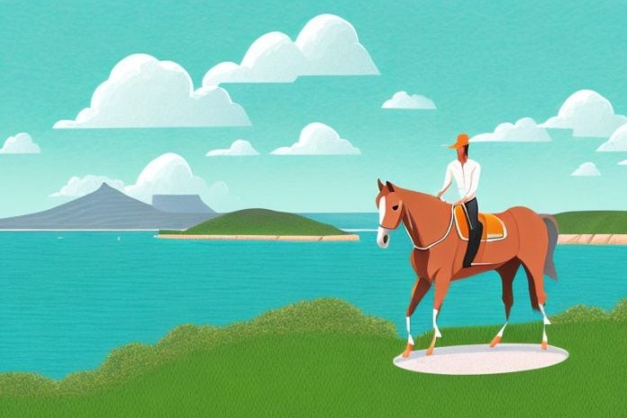 A horse and rider in a scenic landscape