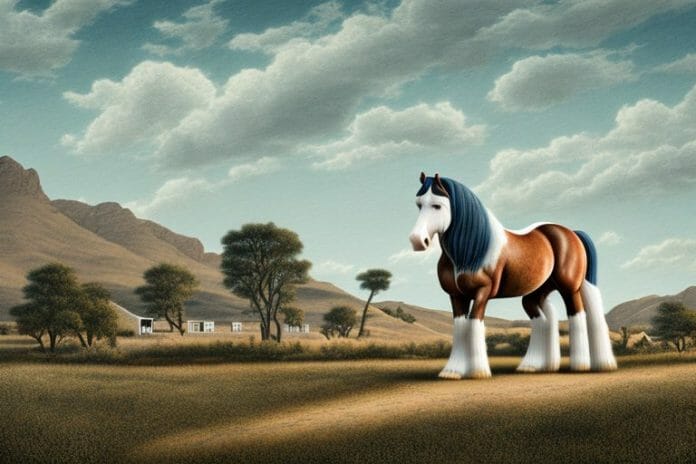 A clydesdale horse in a rural landscape in graaff-reinet